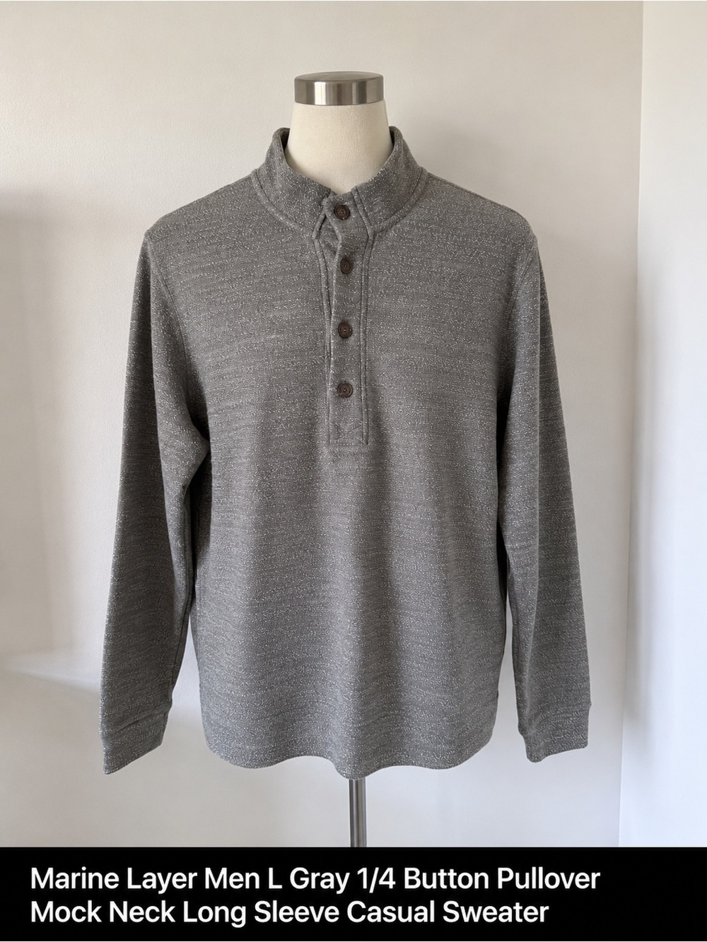 Marine Layer Men L Gray 1/4 Button Pullover Mock Neck Long Sleeve Casual Sweater